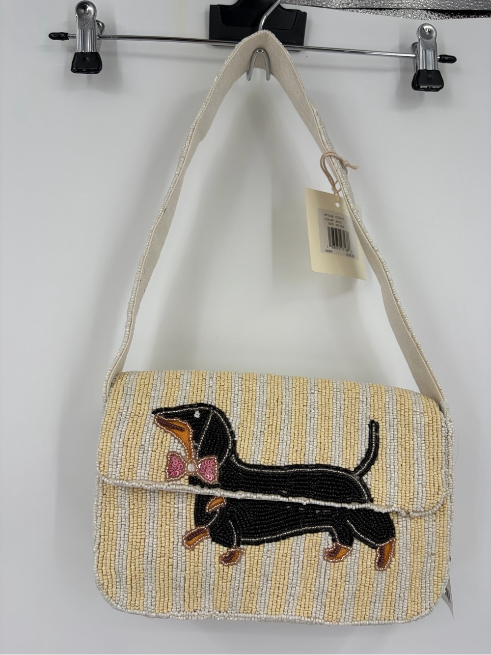 Beaded Dachshund Crossbody Bag in Cream & Black